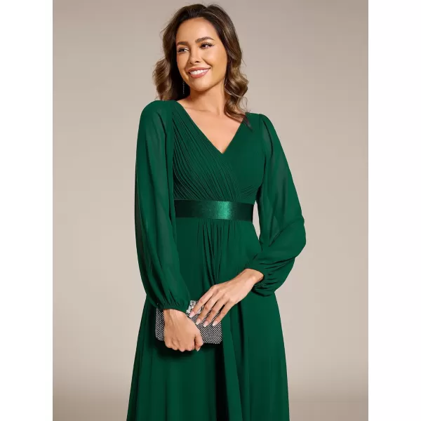 imageEverPretty Womens Fall Chiffon V Neck Long Sleeves HighLow Tea Length ALine Formal Wedding Guest Dresses 09894Dark Green