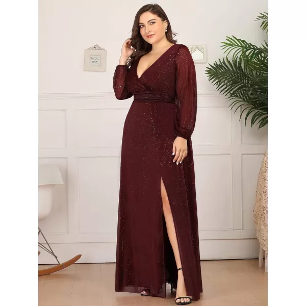 imageEverPretty Womens Glitter A Line High Slit VNeck Plus Size Formal Gowns and Evening Dresses 0739PZBurgundy