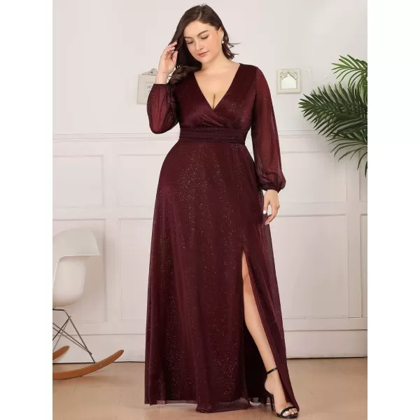 imageEverPretty Womens Glitter A Line High Slit VNeck Plus Size Formal Gowns and Evening Dresses 0739PZBurgundy