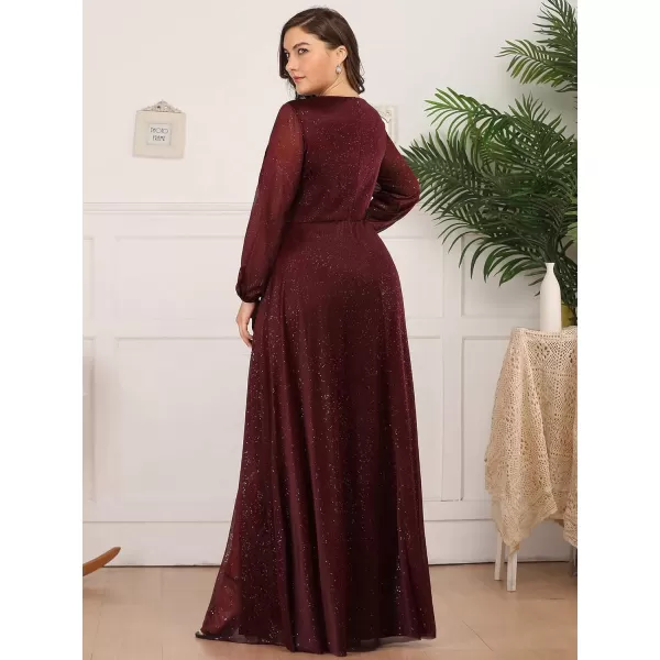 imageEverPretty Womens Glitter A Line High Slit VNeck Plus Size Formal Gowns and Evening Dresses 0739PZBurgundy