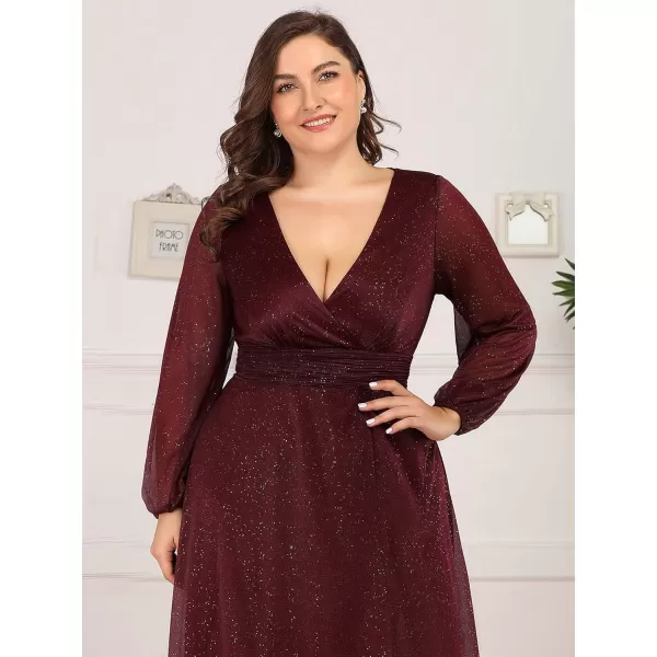 imageEverPretty Womens Glitter A Line High Slit VNeck Plus Size Formal Gowns and Evening Dresses 0739PZBurgundy