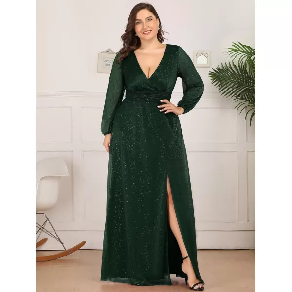 imageEverPretty Womens Glitter A Line High Slit VNeck Plus Size Formal Gowns and Evening Dresses 0739PZDark Greenb