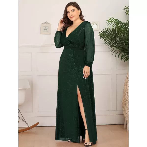 imageEverPretty Womens Glitter A Line High Slit VNeck Plus Size Formal Gowns and Evening Dresses 0739PZDark Greenb