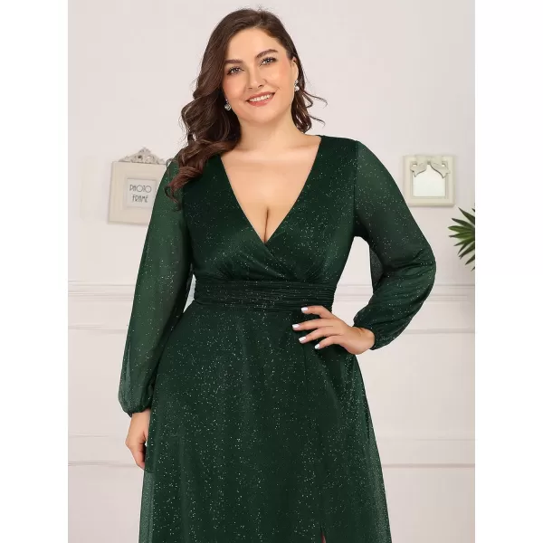 imageEverPretty Womens Glitter A Line High Slit VNeck Plus Size Formal Gowns and Evening Dresses 0739PZDark Greenb