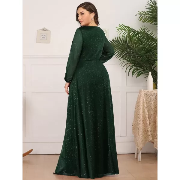 imageEverPretty Womens Glitter A Line High Slit VNeck Plus Size Formal Gowns and Evening Dresses 0739PZDark Greenb