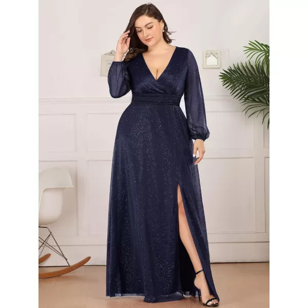 imageEverPretty Womens Glitter A Line High Slit VNeck Plus Size Formal Gowns and Evening Dresses 0739PZNavy Blue