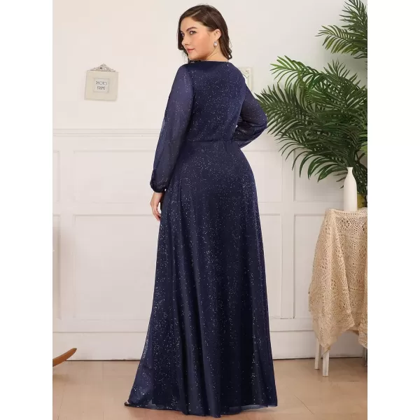 imageEverPretty Womens Glitter A Line High Slit VNeck Plus Size Formal Gowns and Evening Dresses 0739PZNavy Blue