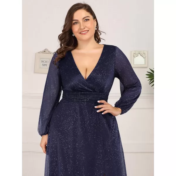 imageEverPretty Womens Glitter A Line High Slit VNeck Plus Size Formal Gowns and Evening Dresses 0739PZNavy Blue