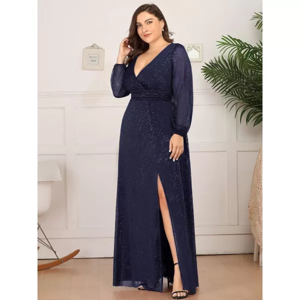 imageEverPretty Womens Glitter A Line High Slit VNeck Plus Size Formal Gowns and Evening Dresses 0739PZNavy Blue