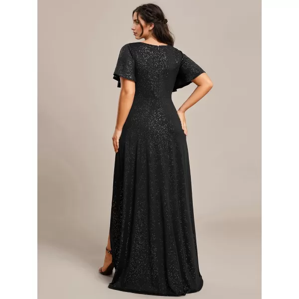 imageEverPretty Womens Glitter Aline High Low Ruffles Plus Size Wedding Guest Dresses Formal Dresses with Sleeves 01738PHBlack