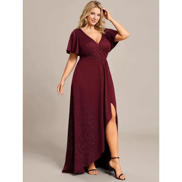 imageEverPretty Womens Glitter Aline High Low Ruffles Plus Size Wedding Guest Dresses Formal Dresses with Sleeves 01738PHBurgundy