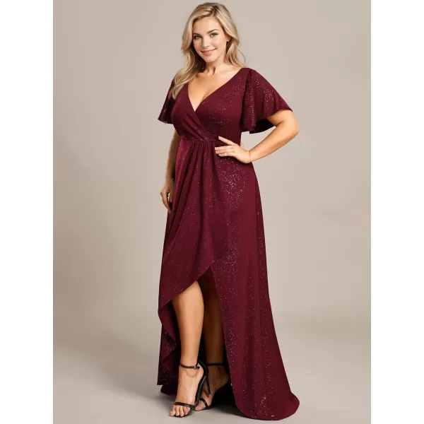 imageEverPretty Womens Glitter Aline High Low Ruffles Plus Size Wedding Guest Dresses Formal Dresses with Sleeves 01738PHBurgundy