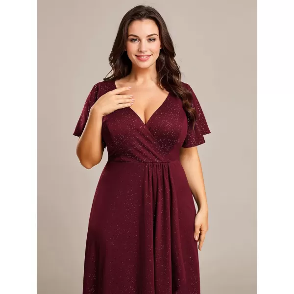 imageEverPretty Womens Glitter Aline High Low Ruffles Plus Size Wedding Guest Dresses Formal Dresses with Sleeves 01738PHBurgundy