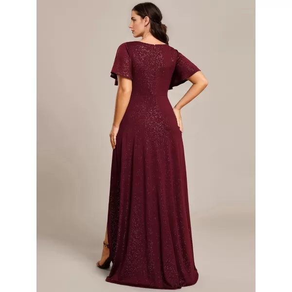 imageEverPretty Womens Glitter Aline High Low Ruffles Plus Size Wedding Guest Dresses Formal Dresses with Sleeves 01738PHBurgundy