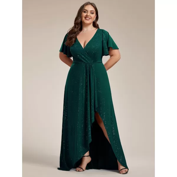 imageEverPretty Womens Glitter Aline High Low Ruffles Plus Size Wedding Guest Dresses Formal Dresses with Sleeves 01738PHDark Green