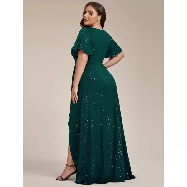 imageEverPretty Womens Glitter Aline High Low Ruffles Plus Size Wedding Guest Dresses Formal Dresses with Sleeves 01738PHDark Green