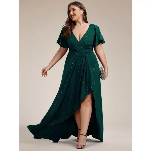 imageEverPretty Womens Glitter Aline High Low Ruffles Plus Size Wedding Guest Dresses Formal Dresses with Sleeves 01738PHDark Green