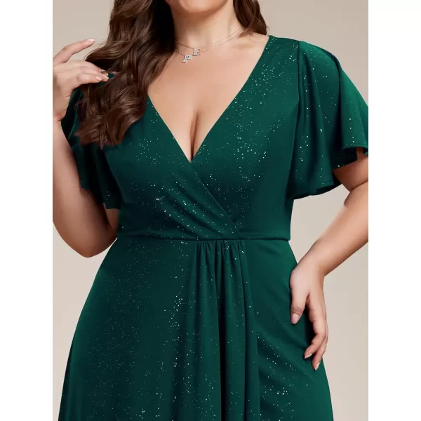 imageEverPretty Womens Glitter Aline High Low Ruffles Plus Size Wedding Guest Dresses Formal Dresses with Sleeves 01738PHDark Green