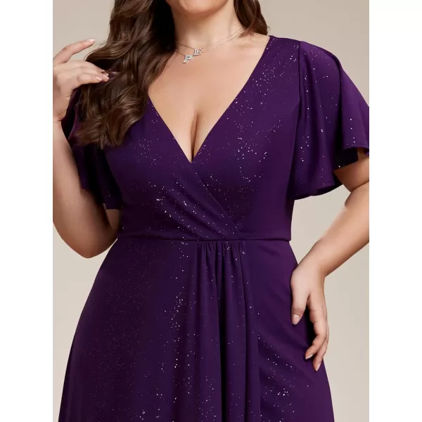 imageEverPretty Womens Glitter Aline High Low Ruffles Plus Size Wedding Guest Dresses Formal Dresses with Sleeves 01738PHDark Purple