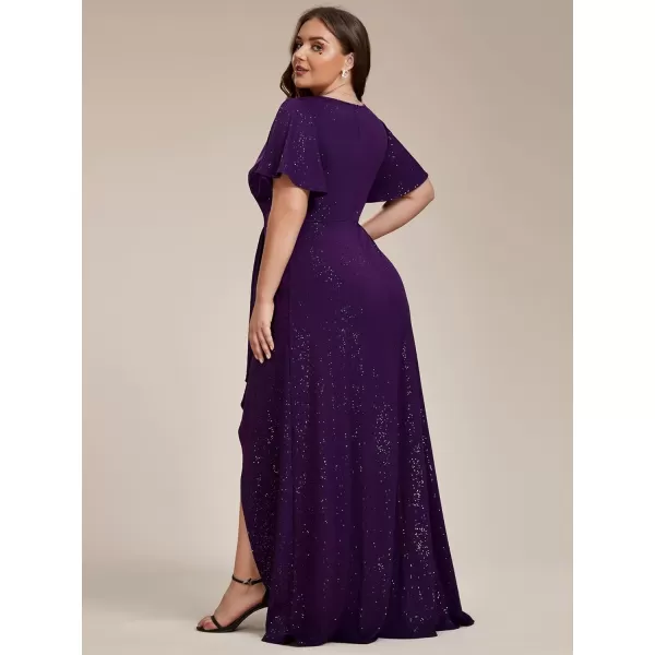 imageEverPretty Womens Glitter Aline High Low Ruffles Plus Size Wedding Guest Dresses Formal Dresses with Sleeves 01738PHDark Purple