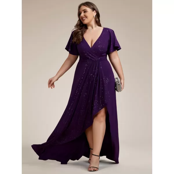 imageEverPretty Womens Glitter Aline High Low Ruffles Plus Size Wedding Guest Dresses Formal Dresses with Sleeves 01738PHDark Purple