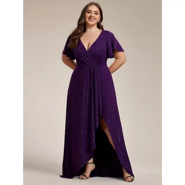 imageEverPretty Womens Glitter Aline High Low Ruffles Plus Size Wedding Guest Dresses Formal Dresses with Sleeves 01738PHDark Purple