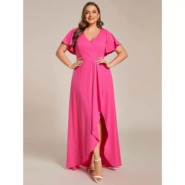 imageEverPretty Womens Glitter Aline High Low Ruffles Plus Size Wedding Guest Dresses Formal Dresses with Sleeves 01738PHHot Pink