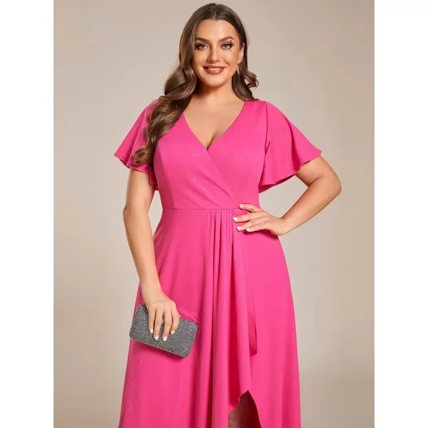 imageEverPretty Womens Glitter Aline High Low Ruffles Plus Size Wedding Guest Dresses Formal Dresses with Sleeves 01738PHHot Pink