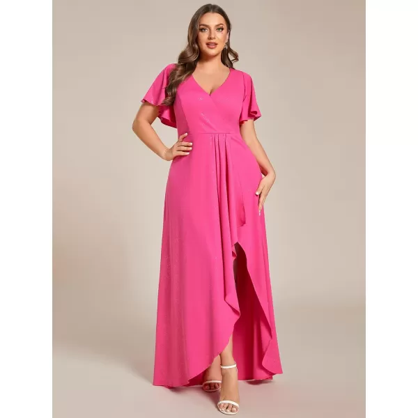 imageEverPretty Womens Glitter Aline High Low Ruffles Plus Size Wedding Guest Dresses Formal Dresses with Sleeves 01738PHHot Pink