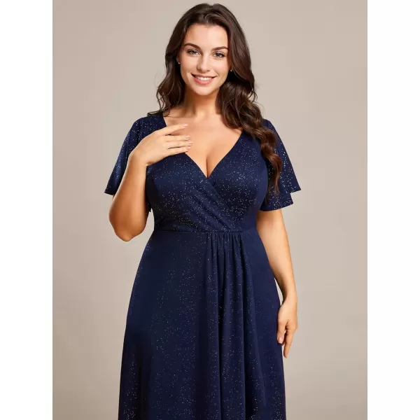 imageEverPretty Womens Glitter Aline High Low Ruffles Plus Size Wedding Guest Dresses Formal Dresses with Sleeves 01738PHNavy Blue