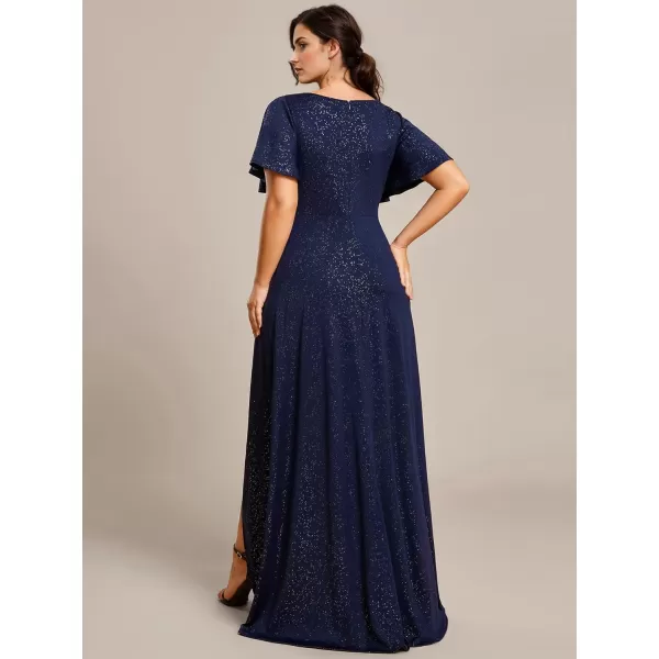 imageEverPretty Womens Glitter Aline High Low Ruffles Plus Size Wedding Guest Dresses Formal Dresses with Sleeves 01738PHNavy Blue