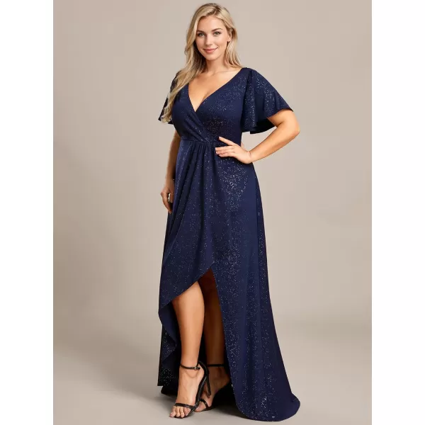 imageEverPretty Womens Glitter Aline High Low Ruffles Plus Size Wedding Guest Dresses Formal Dresses with Sleeves 01738PHNavy Blue