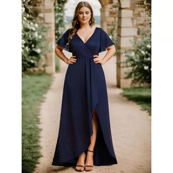 imageEverPretty Womens Glitter Aline High Low Ruffles Plus Size Wedding Guest Dresses Formal Dresses with Sleeves 01738PHNavy Blue