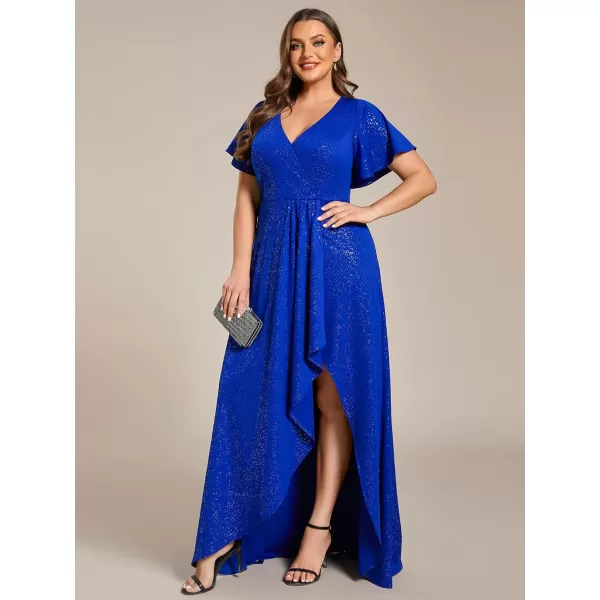 imageEverPretty Womens Glitter Aline High Low Ruffles Plus Size Wedding Guest Dresses Formal Dresses with Sleeves 01738PHSapphire Blue