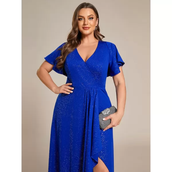 imageEverPretty Womens Glitter Aline High Low Ruffles Plus Size Wedding Guest Dresses Formal Dresses with Sleeves 01738PHSapphire Blue