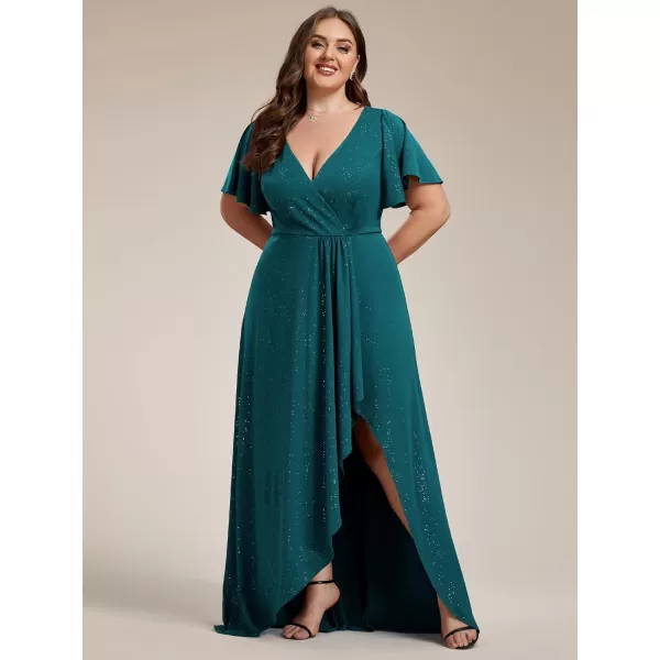 imageEverPretty Womens Glitter Aline High Low Ruffles Plus Size Wedding Guest Dresses Formal Dresses with Sleeves 01738PHTeal