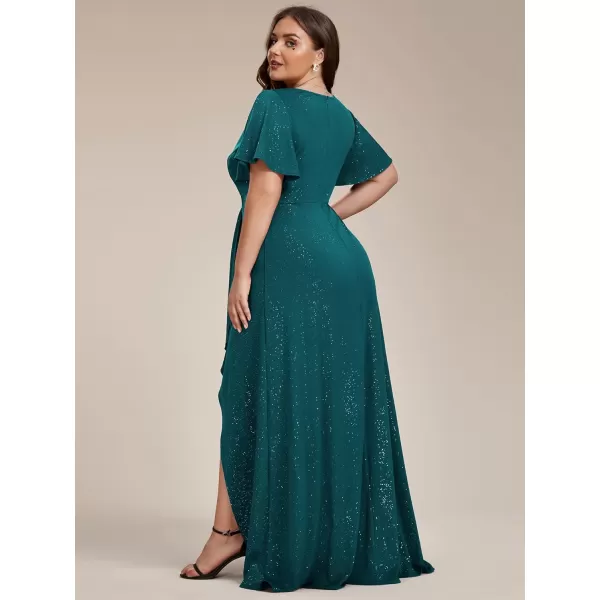 imageEverPretty Womens Glitter Aline High Low Ruffles Plus Size Wedding Guest Dresses Formal Dresses with Sleeves 01738PHTeal