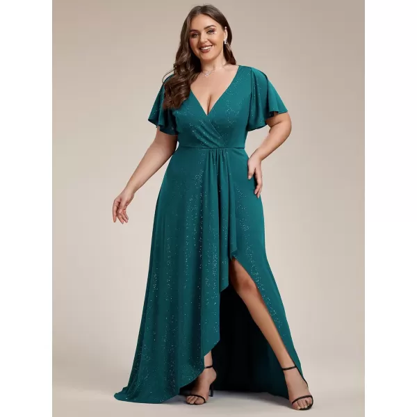 imageEverPretty Womens Glitter Aline High Low Ruffles Plus Size Wedding Guest Dresses Formal Dresses with Sleeves 01738PHTeal