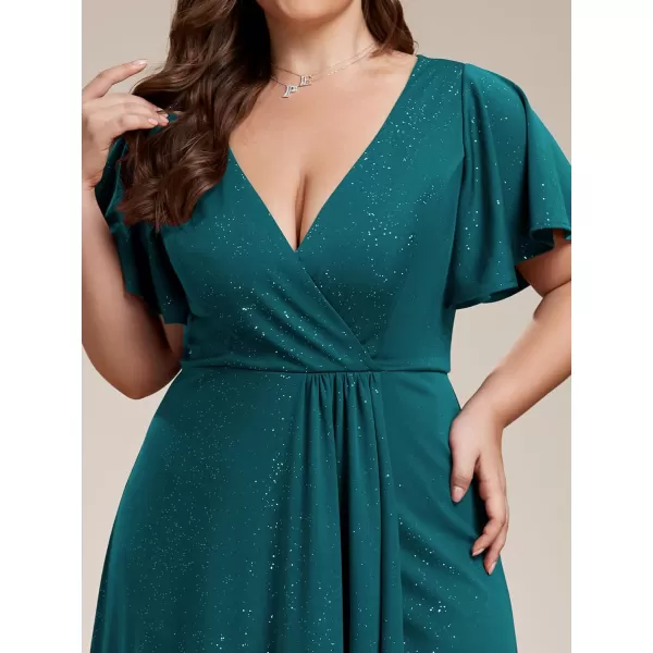 imageEverPretty Womens Glitter Aline High Low Ruffles Plus Size Wedding Guest Dresses Formal Dresses with Sleeves 01738PHTeal