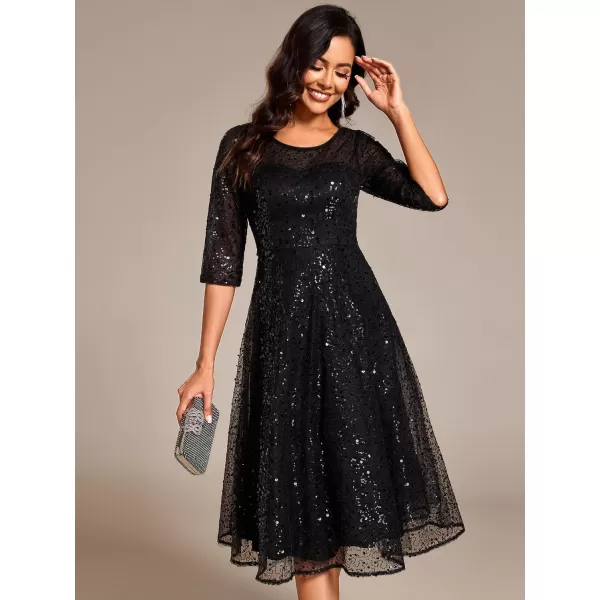 imageEverPretty Womens Round Neck 34 Sleeves Formal Dresses Sequin A Line Midi Wedding Guest Dress 02241Black