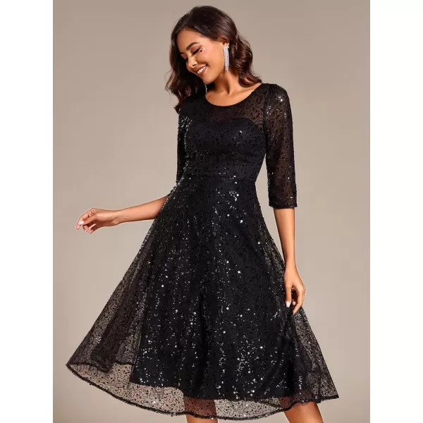 imageEverPretty Womens Round Neck 34 Sleeves Formal Dresses Sequin A Line Midi Wedding Guest Dress 02241Black