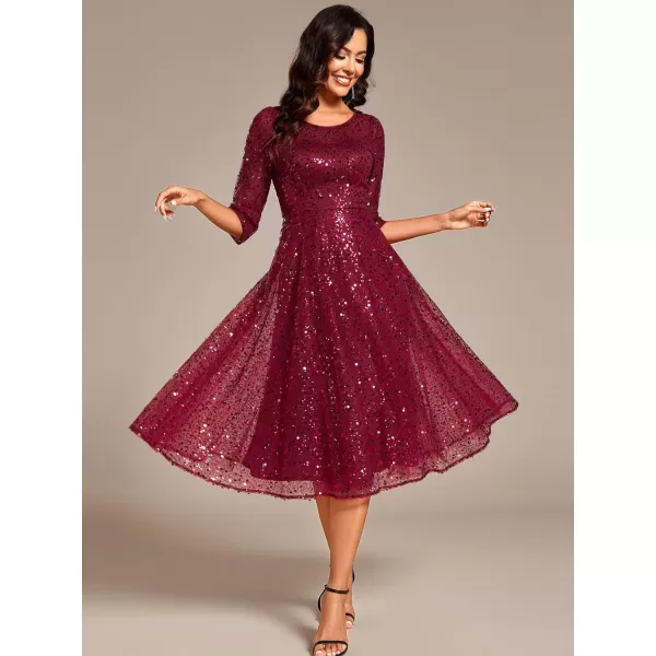 imageEverPretty Womens Round Neck 34 Sleeves Formal Dresses Sequin A Line Midi Wedding Guest Dress 02241Burgundy