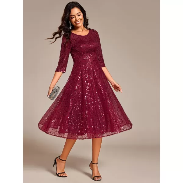 imageEverPretty Womens Round Neck 34 Sleeves Formal Dresses Sequin A Line Midi Wedding Guest Dress 02241Burgundy