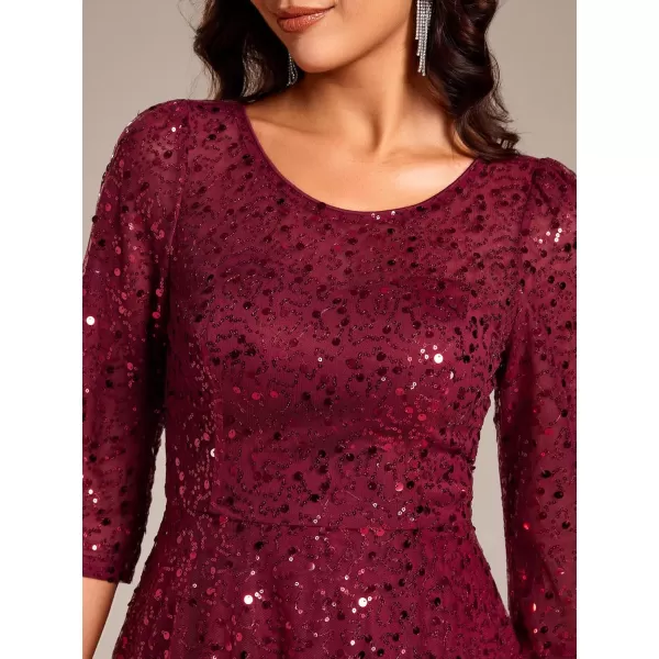 imageEverPretty Womens Round Neck 34 Sleeves Formal Dresses Sequin A Line Midi Wedding Guest Dress 02241Burgundy