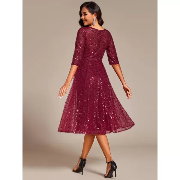 imageEverPretty Womens Round Neck 34 Sleeves Formal Dresses Sequin A Line Midi Wedding Guest Dress 02241Burgundy