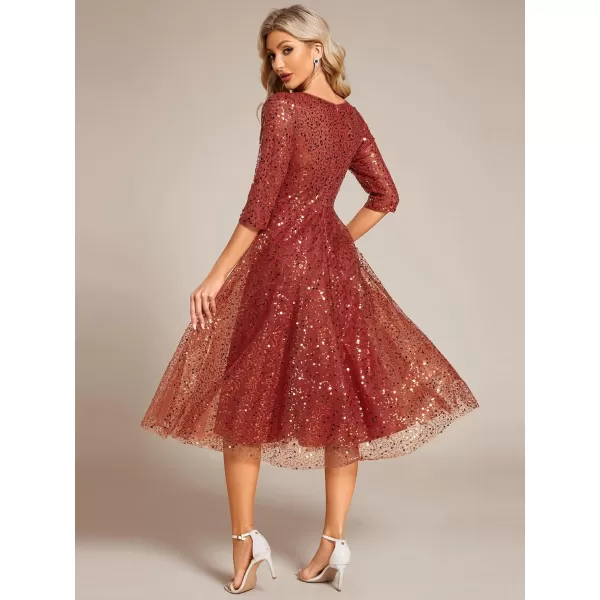 imageEverPretty Womens Round Neck 34 Sleeves Formal Dresses Sequin A Line Midi Wedding Guest Dress 02241Burnt Orange