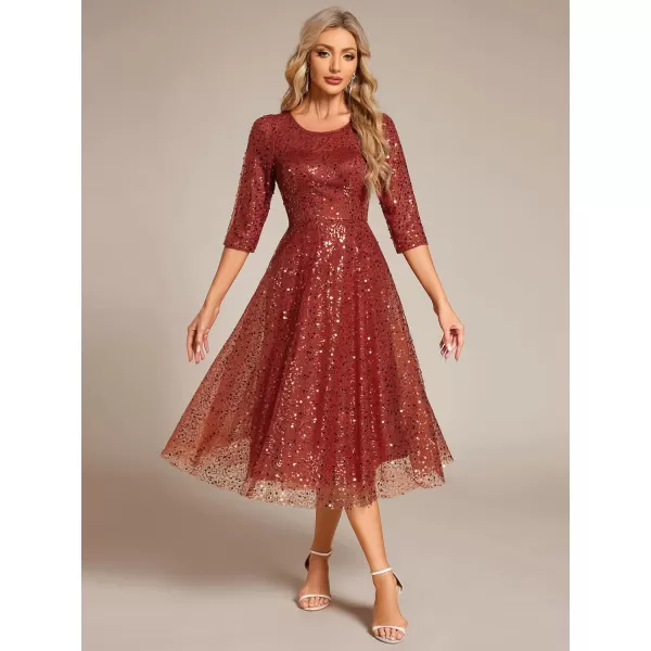 imageEverPretty Womens Round Neck 34 Sleeves Formal Dresses Sequin A Line Midi Wedding Guest Dress 02241Burnt Orange