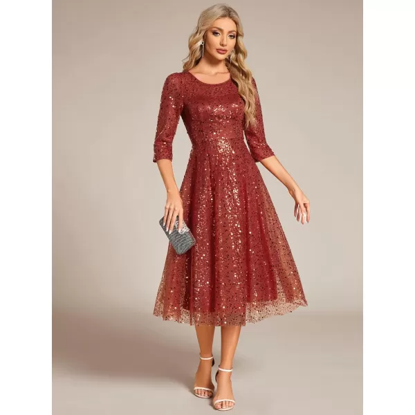 imageEverPretty Womens Round Neck 34 Sleeves Formal Dresses Sequin A Line Midi Wedding Guest Dress 02241Burnt Orange