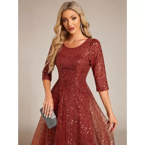 imageEverPretty Womens Round Neck 34 Sleeves Formal Dresses Sequin A Line Midi Wedding Guest Dress 02241Burnt Orange