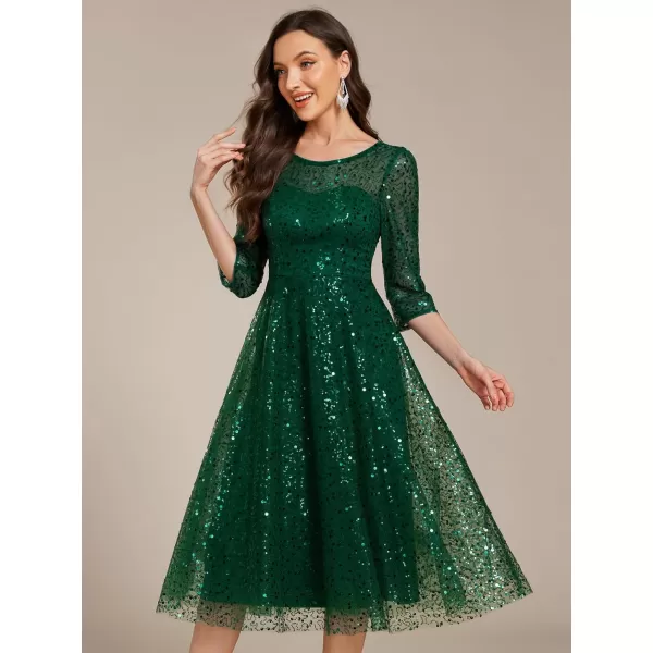 imageEverPretty Womens Round Neck 34 Sleeves Formal Dresses Sequin A Line Midi Wedding Guest Dress 02241Deep Green